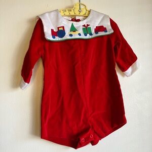 Vintage Lisa Jackson 1980s Red Velvet Baby Romper One Piece Christmas Train